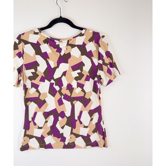 St John Womens Top Beige Abstract Short Sleeve Stretch Blouse Casual Size Small - Picture 8 of 11